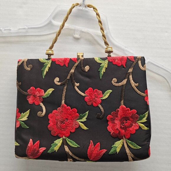 Black Red Floral Flower Embroidered Gold Cara Made in USA Clutch Hand Bag - Picture 1 of 16